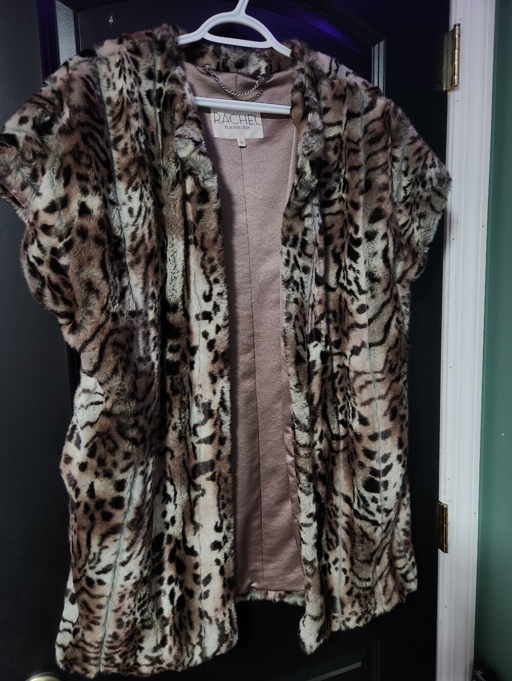 Rachel Roy Faux Fur Animal Print Short Sleeve Coatigan - Brown/Cream